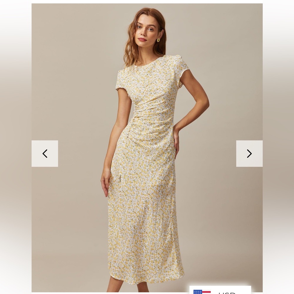 The Yellow Round Neck Floral Midi Dress